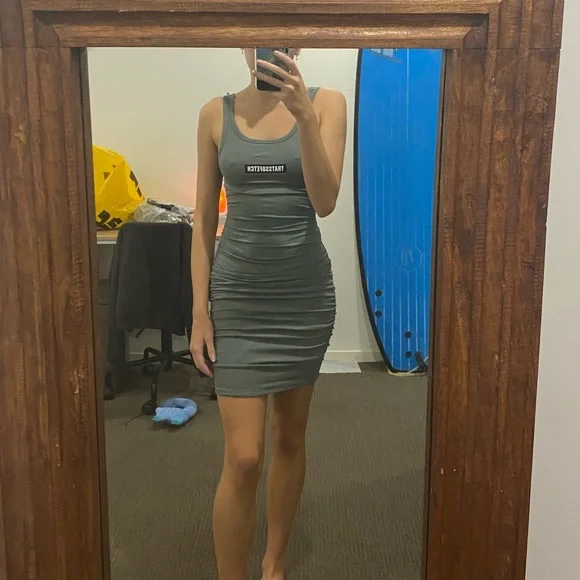 THATSSOFETCH KHAKI SCRUNCH DRESS - Picture 1 of 3